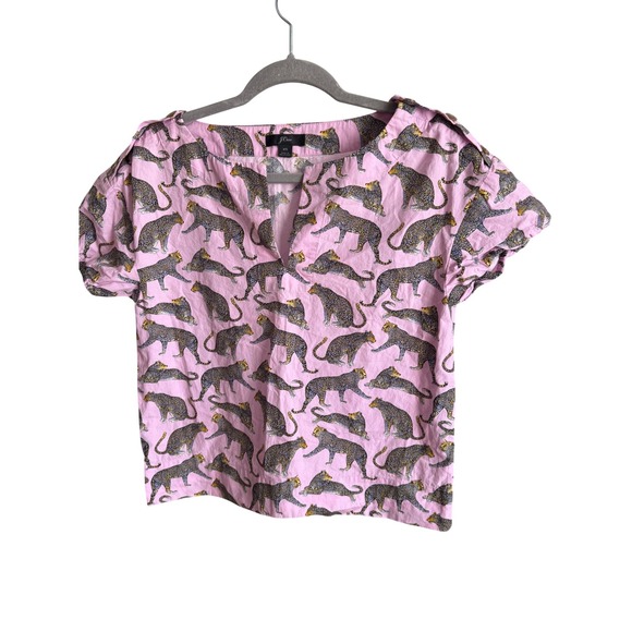 J.Crew Tops - J.Crew Pink Leopard Print Cotton Popover Top Short Puff Sleeve XS